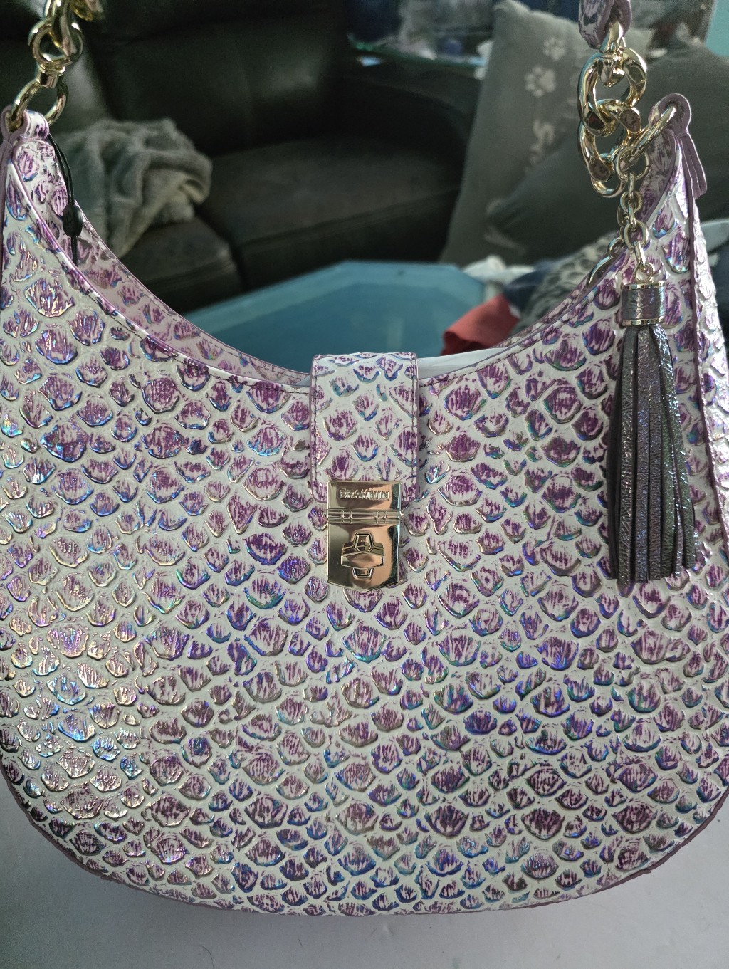 New Brahmin Fallon Iridescent Purple Textured Hobo Bag With Tassel